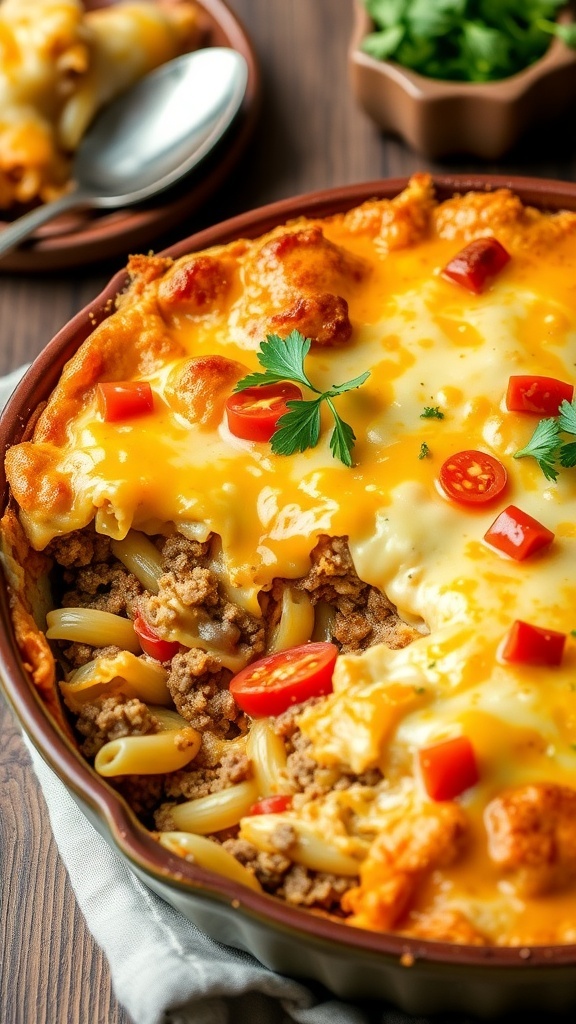 Cheesy hamburger casserole with pasta and ground beef, topped with melted cheese, served in a rustic dish.